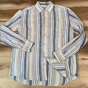 Tommy Bahama Mens Shirt Mens Medium Blue Striped Linen Cotton Vintage Y2K